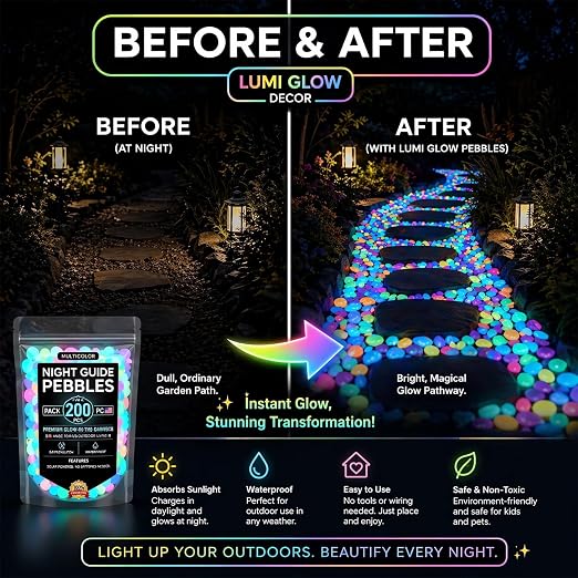 Night Guide Pebbles, 2026 New Colorful Luminous Garden Stones, Rainbow Glow in the Dark Stepping Rocks Outdoor Landscaping Decor Glowing Stones Fish Tank Aquarium Decorations 200PCS