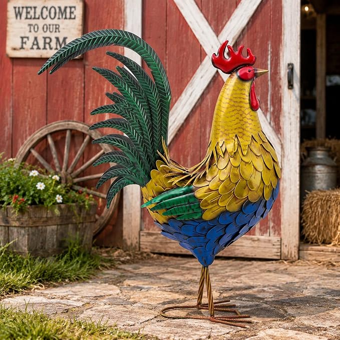 32" Oversized Metal Rooster Statues, Large Outdoor Decor, Metal Chicken Sculpture for Backyard Patio Kitchen Decor