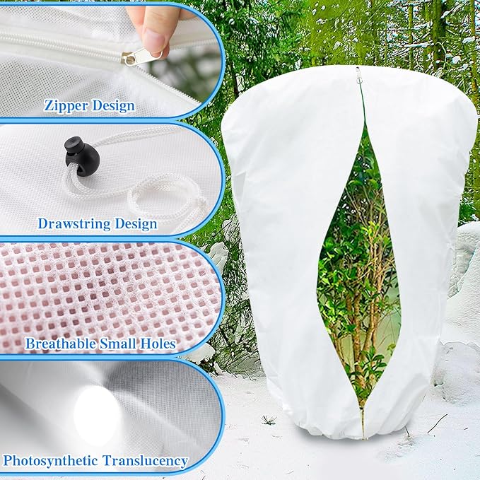 Plant Covers Freeze Protection, Frost Blankets for Outdoor Plants with Drawstring and Zipper, 2.5 oz/yd² 7.9 X 6.6 Ft, Reusable Winter Plant Protector Bag for Protect Trees Shrubs from Cold Frost