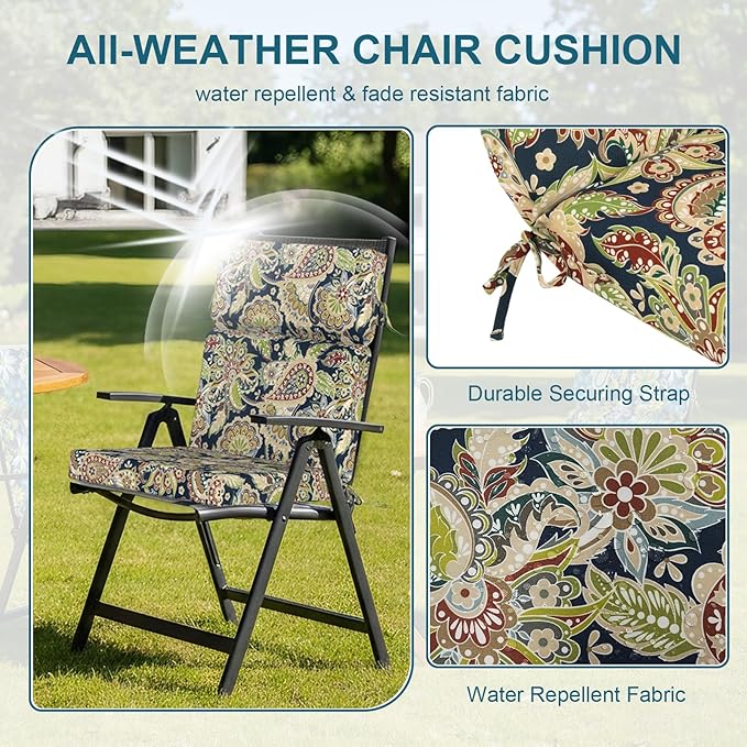DYTXIII Outdoor High Back Chair Cushions Set of 2, 44"x22" Water Repellent Patio Seat Cushions with Elastic Sponge, All Weather Chair Pads for Rocking, Dining, Patio Furniture - Paisley Sapphire