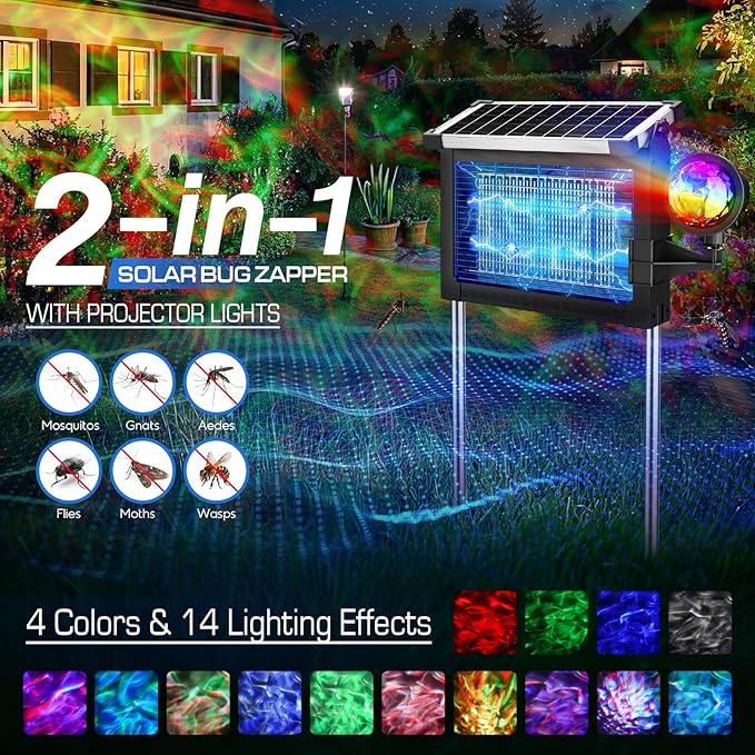 Solar Bug Zapper Outdoor with Projector Lights, 4500V Mosquito Zapper | Solar & USB Rechargeable, IPX5 Waterproof, Smart Dusk to Dawn, Cordless Insect Killer for Patio, Garden, Backyard, Camping