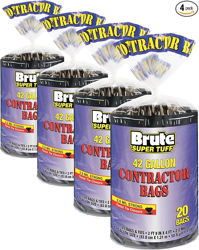 Brute Super Tuff Heavy Duty 2.0 MIL Contractor Bags, Large Trash Bags, Twist Tie Closure, Black, 42 Gallon, 20 Count (Pack of 4)