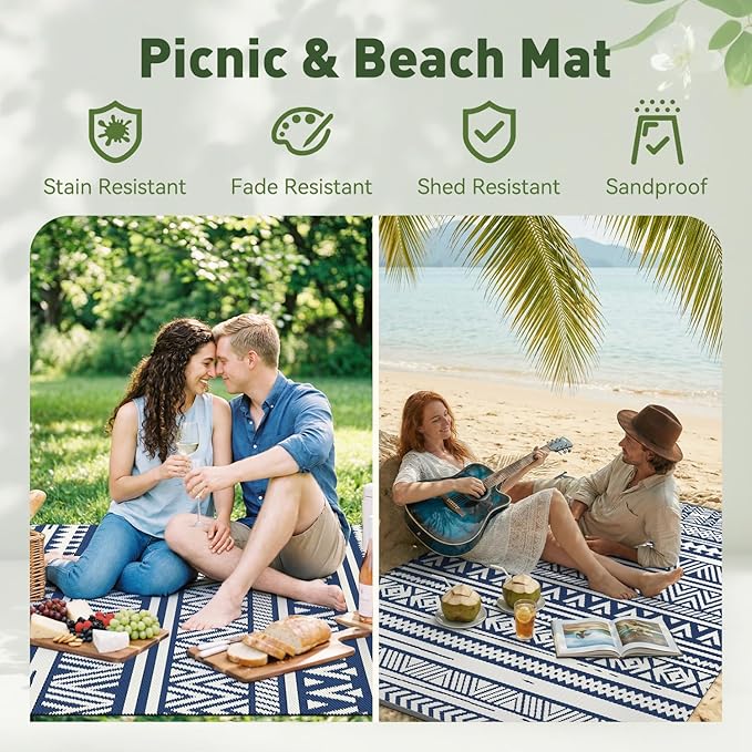 MontVoo-Outdoor Rug Carpet Waterproof 5x8 ft Reversible Patio Rug RV Camping Rug-Plastic Straw Rug Outside Indoor Outdoor Area Rug for Patio Deck Balcony Picnic Beach Outdoor Decor Boho Navy Blue