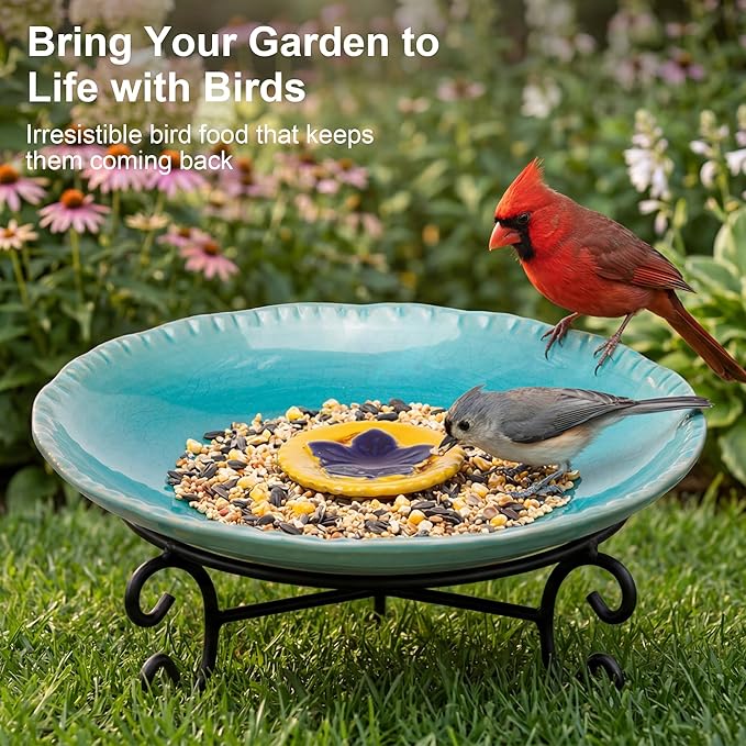 Topadorn 2" Depth Ceramic Birdbath & Birdfeeder for Small Birds Outdoors, 12.2'' Bird Bath Bowl for Vintage Garden Patio Yard Lawn Decor, Blue with Yellow Flower