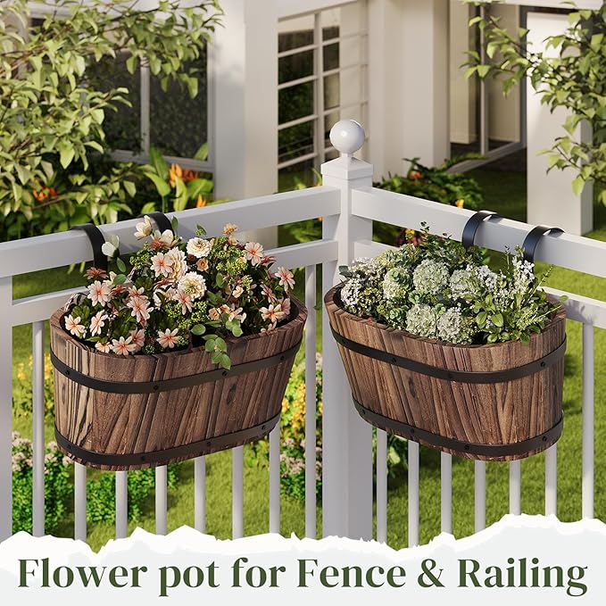 Railing Planters for Outdoor Plants Balcony Hanging Flower Pots with Detachable Hooks, Window Flower Box Hanging Bucket Pots Fence Planters for Garden Home Decor(Carbonized-2pack, Large)