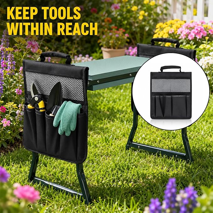 1 Pack Garden Pouches for Kneeler, Portable Tool Storage With Handle, Size Bags Multiple Storage Pockets Organizer for Outdoor Gardening Kneeling Stool, Gifts for Women,Mom & Dad Nylon and Latex