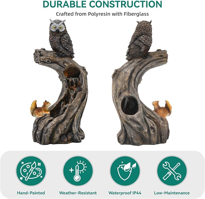32" H Resin Owl Tree Trunk Fountain Outdoor, Forest Style 4-Tiers Water Feature Outdoor with Lights, Soothing Cascading Waterfall for Patio, Backyard, Garden or Porch