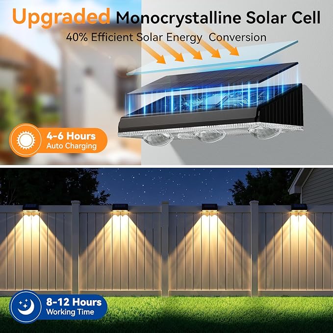 Solar Fence Lights Outdoor 6 Pack, Upgraded Brightness 3X LED Lens Fence Lights Solar Powered, 9 Fixed Colors & RGB Lights,IP65 Waterproof Solar Lights for Outside Backyard/Railing/Step/Patio