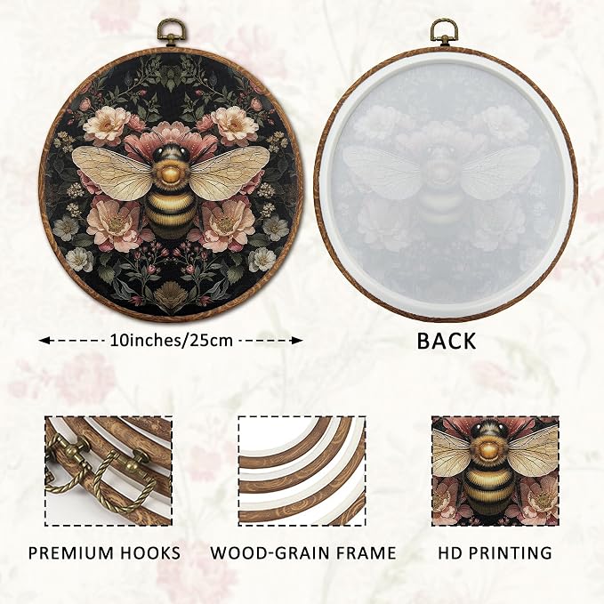 DOFQZ Vintage Boho Floral Bee Round Wall Art Decor, Dark Cottagecore Honeybee Framed Wall Art, Retro Botanical Art Deco Canvas Wall Hanging Decor for Home Bedroom Living Room, 10x10