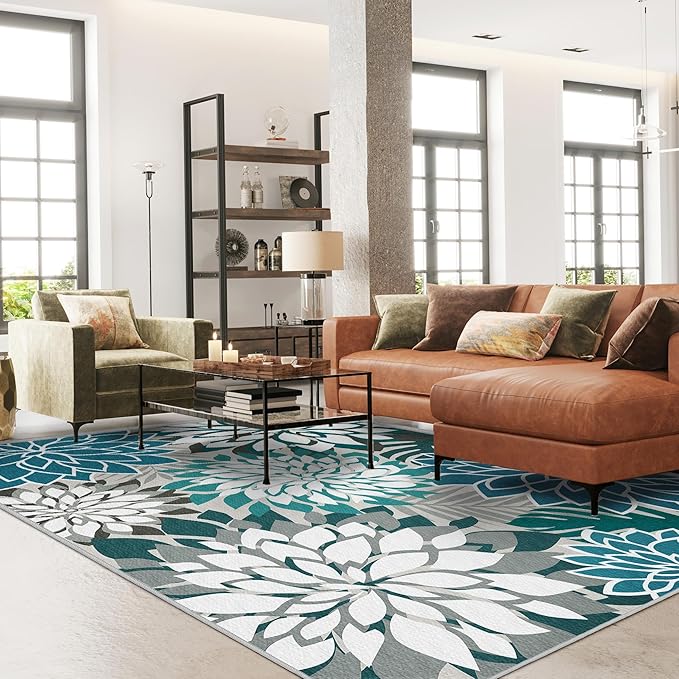 Colorful 4x6 Outdoor Area Rug Washable Rugs Multicolored Patio Rug Tropical Botanical Floral Chenille Outdoor Carpet Non Slip for RV, Pool Deck, Backyard, Porch, Teal