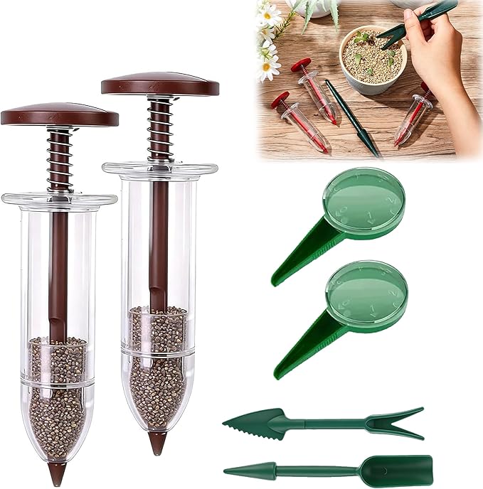 Mini Seed Spreader, 2026 Upgraded Seed Sower Tool Manual Seedlings Dibber and Widger Set, Mini Seed Dispenser for Tiny Seeds (1 Set Coffee)