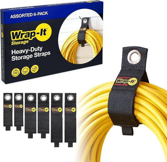 Heavy-Duty Wrap-It Storage Straps - Assorted 6-Pack - Garage Storage Extension Cord Organizer Cable Straps and Yard Cord Storage for Hose Organizer, Tools and RV Accessories