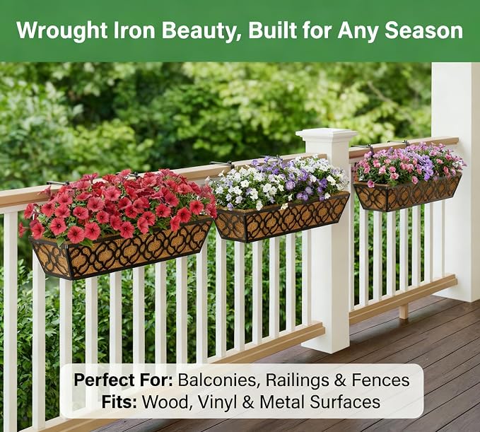 Y&M Deck Railing Planter Boxes, Adjustable Balcony Planter for Outdoor Plants, Metal Railing Planter Box for Deck, Fence and Porch, Window Boxes Outdoor, Sturdy Hanging Planter-24inch 2pcs