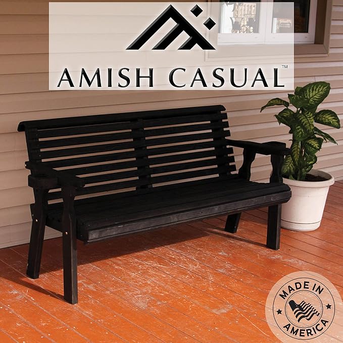 Amish Casual Heavy Duty Pressure Treated 4 Foot Outdoor Garden Bench with Cup Holders - Amish Crafted Roll Back Design in Black Stain, 700 Lb Weight Capacity