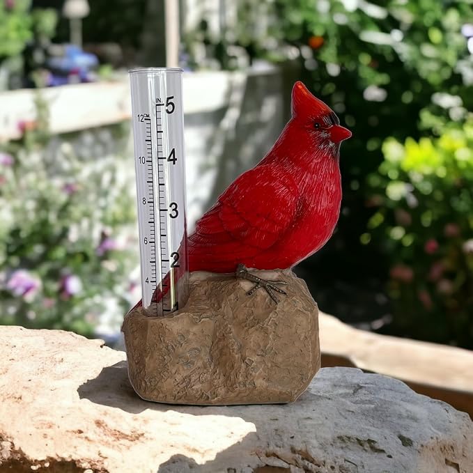 Gift Essentials Cardinal Decorative Rain Gauge Outdoor - Resin Bird Figurine on Rock Base - Removable Tube Measures Up to 5 Inches of Rainfall - Garden Decor Gift
