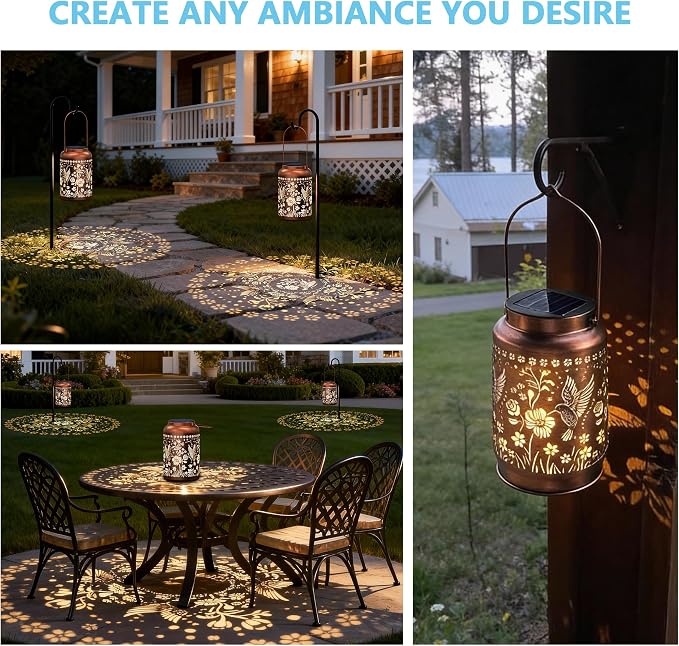 JEJOT Hummingbird Solar Lanterns Outdoor Waterproof, Mothers Day Gifts, Birthday Gifts for Women Mom Grandma,Metal Hanging Solar Lantern for Yard,Garden,Porch Landscape Deconrations-2 Pack