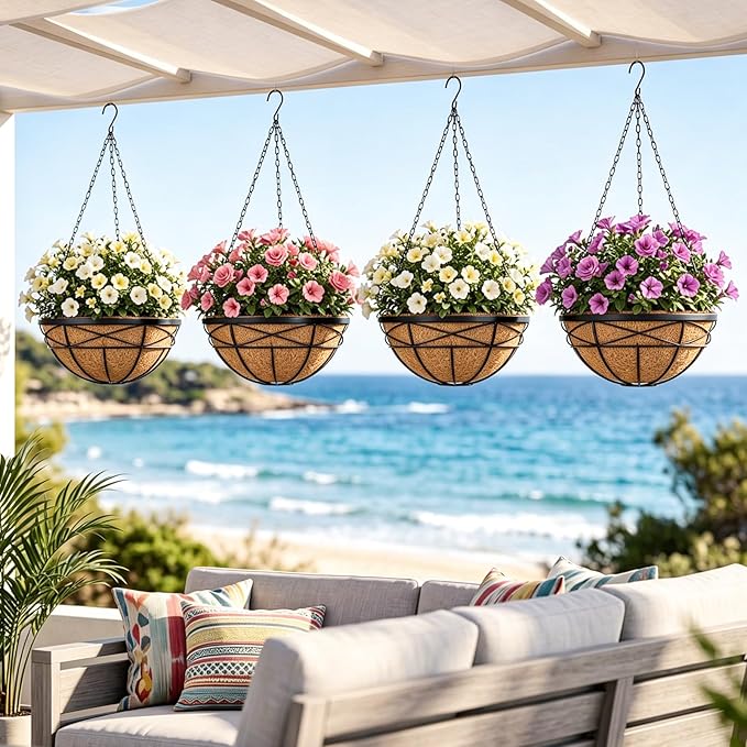 4 Pack 18 Inch Hanging Planters for Outdoor Plants Extra Large Hanging Baskets Flower Pots with Natural Coconut Liner for Porch Balcony Garden Decor