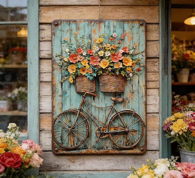Vintage Floral Bicycle Metal Sign Rustic Farmhouse Daisy Floral Wildflowers Tin Signs Flower Still Life Bike Aluminum Wall art for Home Garden Patio Farm Yard Bar Bathroom Decor 8x12 Inch