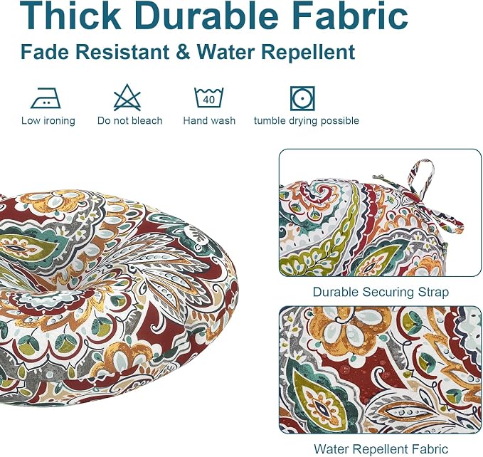 DYTXIII Set of 2 Outdoor Round Chair Cushions 15"x15"x4" with Ties, Water Repellent Tufted Bistro Seat Cushions, Thick Patio Chair Pads for Bar Stool, Garden & Dining Furniture - Paisley Chilli
