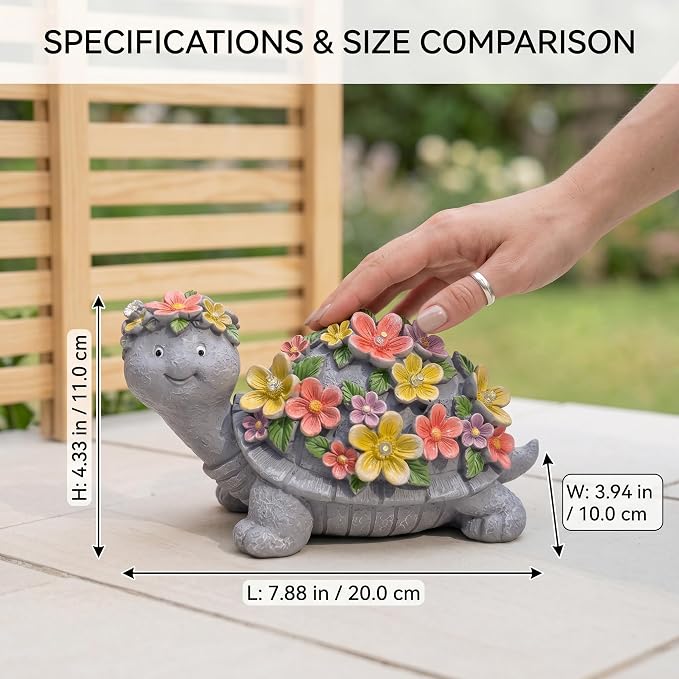 Solar Turtle Statues Garden Decor - Cute Turtle Figurine with Flowers Solar Lights, Tortoise Statue for Outdoor Yard, Lawn, Patio Decoration - Birthday Gifts for Mom Grandma Women