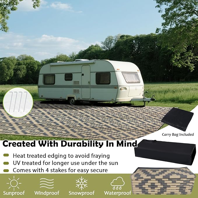 SAND MINE Reversible Mats, Plastic Straw Rug, Modern Area Rug, Large Floor Mat and Rug for Outdoors, RV, Patio, Backyard, Deck, Picnic, Beach, Trailer, Camping (10' x 20', Grey Tan Lattice)