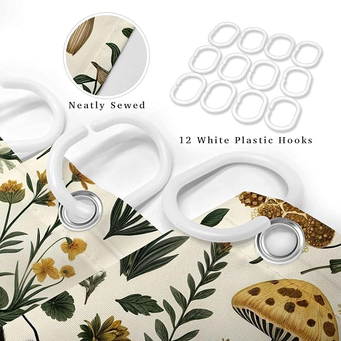 Rustic Boho Mushroom Shower Curtain, Vintage Chic Bee Mushroom Botanical Floral Farmhouse Cottagecore Aesthetic Shower Curtain Set with Hook, Fairy Witchy Plant Shower Curtain for Bathroom 72X72 Beige