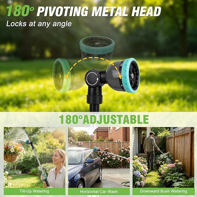 Telescoping Watering Wand 37-55 Inch, 9-Pattern Heavy Duty Garden Hose Nozzle with Pivot Head and Thumb Flow Control, Metal Extendable Wand for Hanging Baskets Shrubs Car Washing