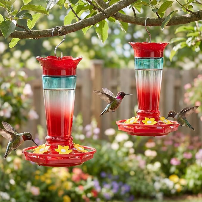 Gbekery Glass Hummingbird Feeders for Outdoors Hanging Ant and Bee Proof Red & Blue 10OZ 2Pack Bird Feeders for Outside Hanging 6 Feeding Stations Bird Nectar Feeder for Garden Yard Décor Gift for Mom