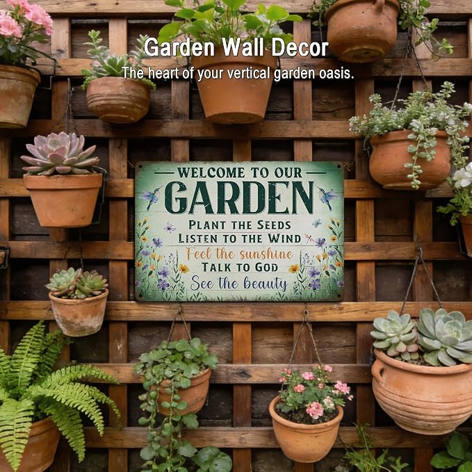 Garden Signs Garden Decor for Outside - Welcome To Our Garden Tin Sign, Vintage Gardening Signs Gifts for Plant Lovers Women Gardeners 12x8 Inch