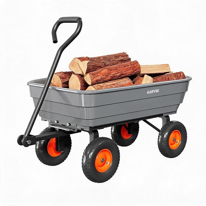 Garvee Poly Garden Dump Cart, Heavy Duty 600lbs Wheelbarrow Yard Cart Dump Wagon with 10”All Terrain Wheels, Garden Utility Wagon with Quick Release System& Convertible Handle Attach to ATV (Gray)