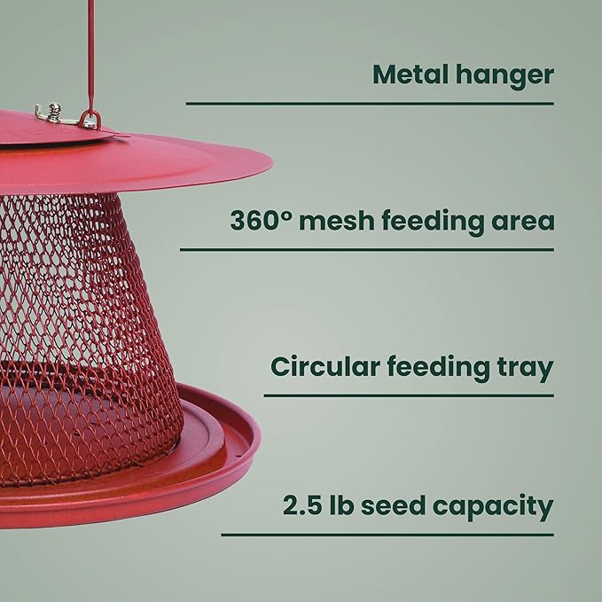 Perky-Pet Red Cardinal Wild Bird Feeder - 2.5 lb Seed Capacity, Holds Up to 15 Birds Simultaneously, Metal Hanging Feeder for Outdoors, Collapsible Mesh Design, Built-In Hook & Circular Tray, C00322