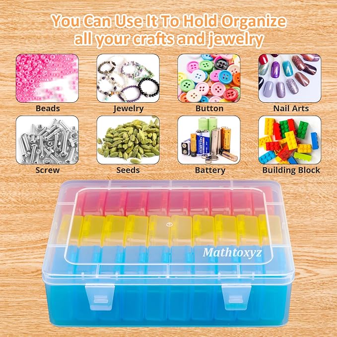 Mathtoxyz Bead Organizer Box(Red,Yellow,Blue), 62Pcs Small Bead Organizers and Storage Plastic Cases Mini Clear Containers Boxes with Hinged Lid and Rectangle for Bracelet Making DIY Jewelry Craft