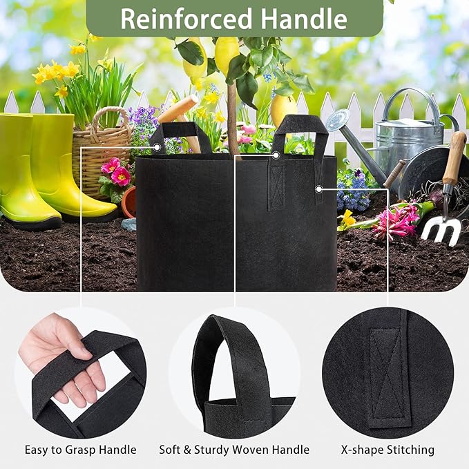 GreatBuddy Grow Bags 10 Gallon 6-Pack, Heavy Duty Fabric Grow Bags with Handles for Vegetables, Herbs, and Tomatoes, Fabric Pots & Planting Bags for Outdoor Home Gardening