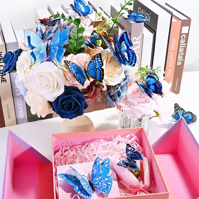 SAOROPEB 3D Butterfly Wall Decor, 72 Pcs Double Layer Butterfly Decorations for Party Decorations Locker Decor Refrigerator Decal, Reusable (Blue)