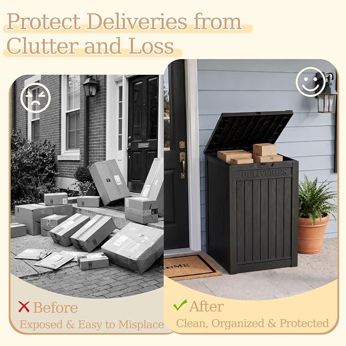 Outdoor Storage Box, 65 Gallon Package Delivery Boxes for Outside, with Lockable Secure, Deck Box Outdoor Waterproof for Entryway, Front Porch, Backyard, Garden, Patio, Lawn, Black