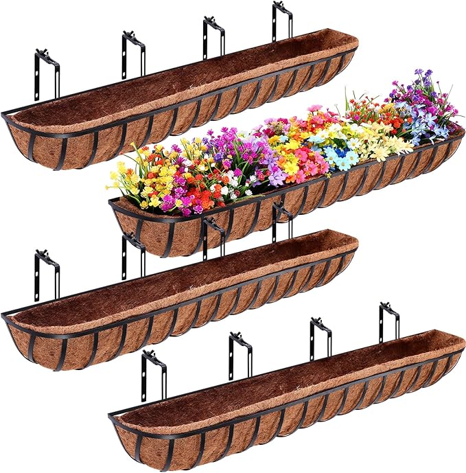 Tessco for you 4 Pack 48 Inch Window Baskets with Coconut Liner 4 Adjustable Flower Brackets Window Deck Planters Boxes Railing Planter Metal Hanging Flower Planter for Indoor Outdoor Lawn