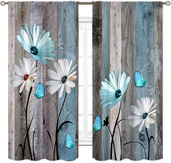 Farmhouse Daisy Curtains, Rustic Wooden Flower Retro Teal White Floral Spring Butterfly Rural Country Style Window Curtains for Living Room Bedroom Kitchen Bathroom 2 Panels, 63"x63" Inch