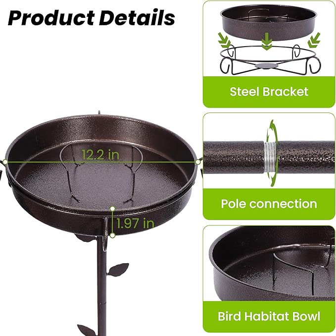 35 in Metal Bird Bath for Outside,12 in Dia Bowl with Upgraded 5-Pronged Base,Freestanding Bird Feeder Stand for Patio,Lawn,Garden