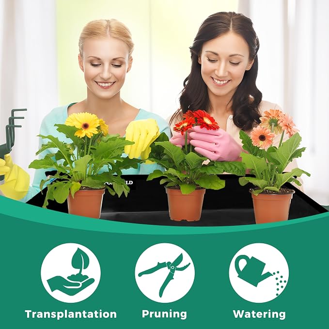 Plant Transplanting Mat - Thickened Waterproof Potting Mat, Succulent Gardening Mat, Portable Repotting Mat for Mess Control, Indoor Outdoor Use, PVC Black Leaf Print, 39.5"x31.5"