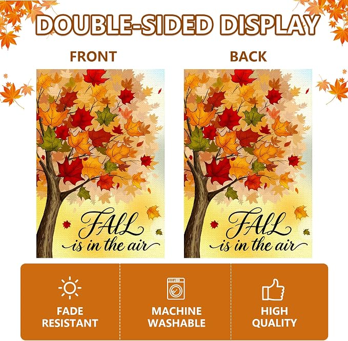 Fall Garden Flag 12x18 Inch, Double Sided Autumn Tree Maple Leaves Burlap Flag for Yard Outdoor Decoration