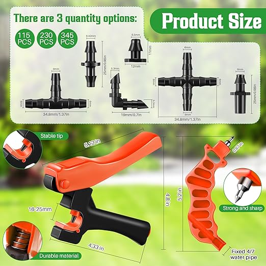 Feekoon Irrigation Drip Tools with Barbed Connectors, 2-in-1 Drip System Punch Tool for 1/4" Fitting, 16 20 25mm PE Pipe & Emitter; Ideal for Garden & DIY Watering System(Orange,230 Irrigation Plugs)