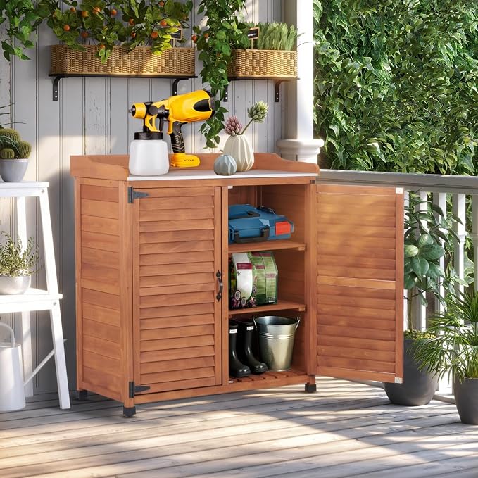 Outdoor Storage Cabinet & Potting Bench Table with Metal Work Top, Vented Louvered Doors, Wooden Patio Furniture, Garden Workstation, Latte, 36x31x17in