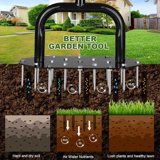 Manual Lawn Aerator with 18 Iron Spikes Heavy Duty Spike Aeration Tool for Grass, Yard, Garden Step Aerator Lawn Tool 37 Inch