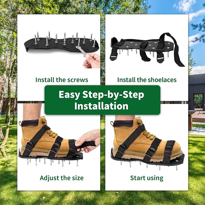 The Lawn Aerator Shoes for Grass, Epoxy Spiked Shoes with 1.65'' Sharp Short Spikes, Garden Grass Loosening Spike Shoe for Epoxy Flooring, 6 - Shoelace Design (Black, 11.8'' x 5.1'')