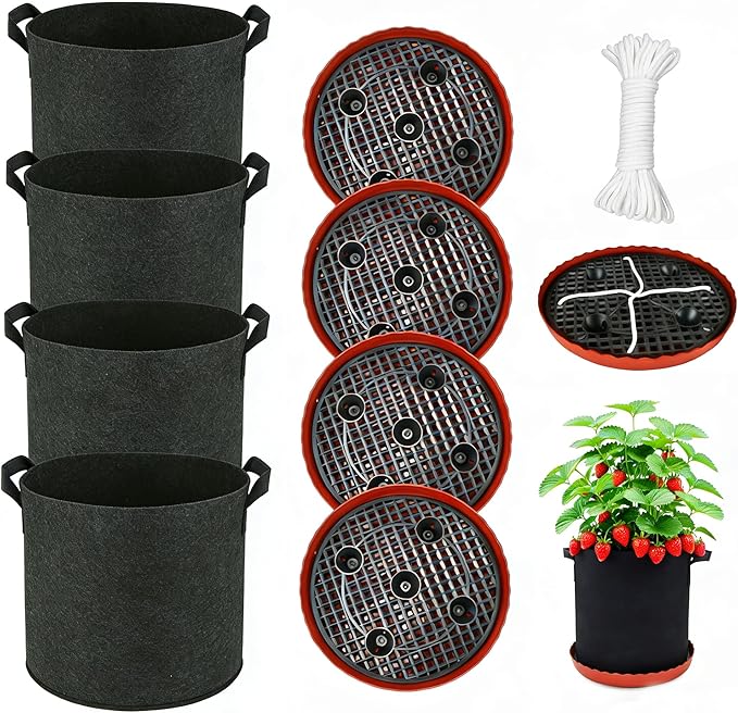 ORIMERC 4 Pack Grow Bags 5 Gallon for Growing Strawberry Tomato Self Watering Planter Fabric Plant Grow Bag Come with Plastic Plant Saucer 300G Thickened Garden Pots to Grow Vegetables, Fruit, Flower