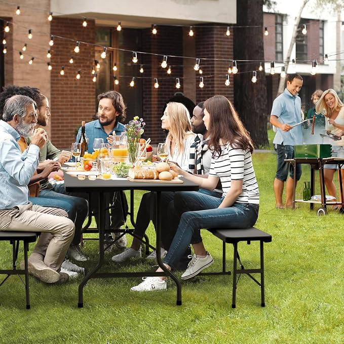 VINGLI Picnic Table Set with 2 Benches, 6 Feet Camping Table Chair Set, 3-Piece Folding Furniture for Indoor or Outdoor Use, Tree Patterned HDPE Tabletop, Black