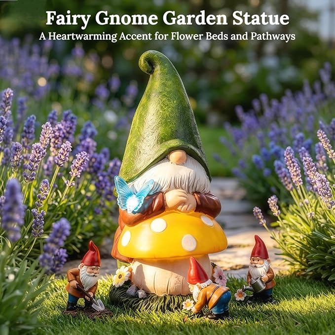Solar Garden Gnome Statue with Glowing Mushroom & Butterfly Light, 9" Resin Solar Gnome Outdoor Waterproof LED Garden Decor for Yard Lawn Patio Pathway, Cute Garden Gnome Gift for Dad Father’s Day