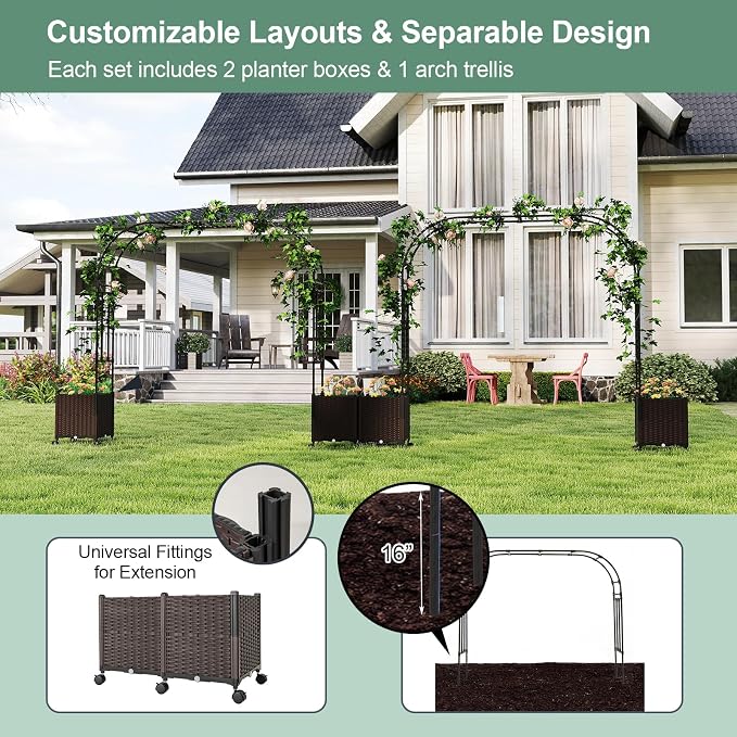 Giantex 6.6 FT Garden Arbor with Planter Boxes, Arch Trellis for Climbing Plants, Self-Watering System, Drainage Design, Lockable Wheels, Outdoor Metal Archway for Backyard, Patio, Wedding Decor
