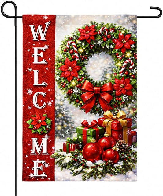 Christmas Decorations - Xmas Wreath Welcome Garden Flag | Christmas Party Decor Favors Supplies for Outdoor Outside - Red Wreath Double Sided Backdrop Banner for Garden Porch Patio Lawn Yard