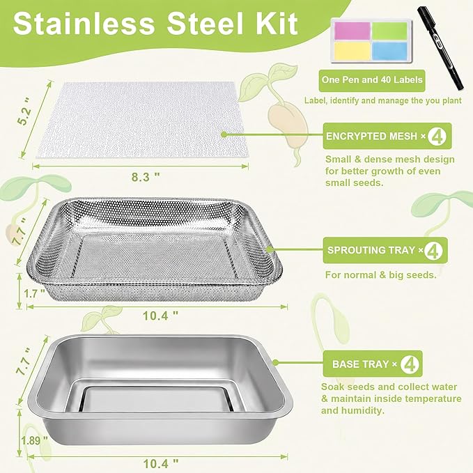 Stainless Steel Sprouts Growing Kit 4-Tier 10.4 inch Trays, Microgreens Growing Kit, Seed Sprouting Tray with Encrypted Mesh Sprouts for Beans Alfalfa Broccoli Wheat Grass
